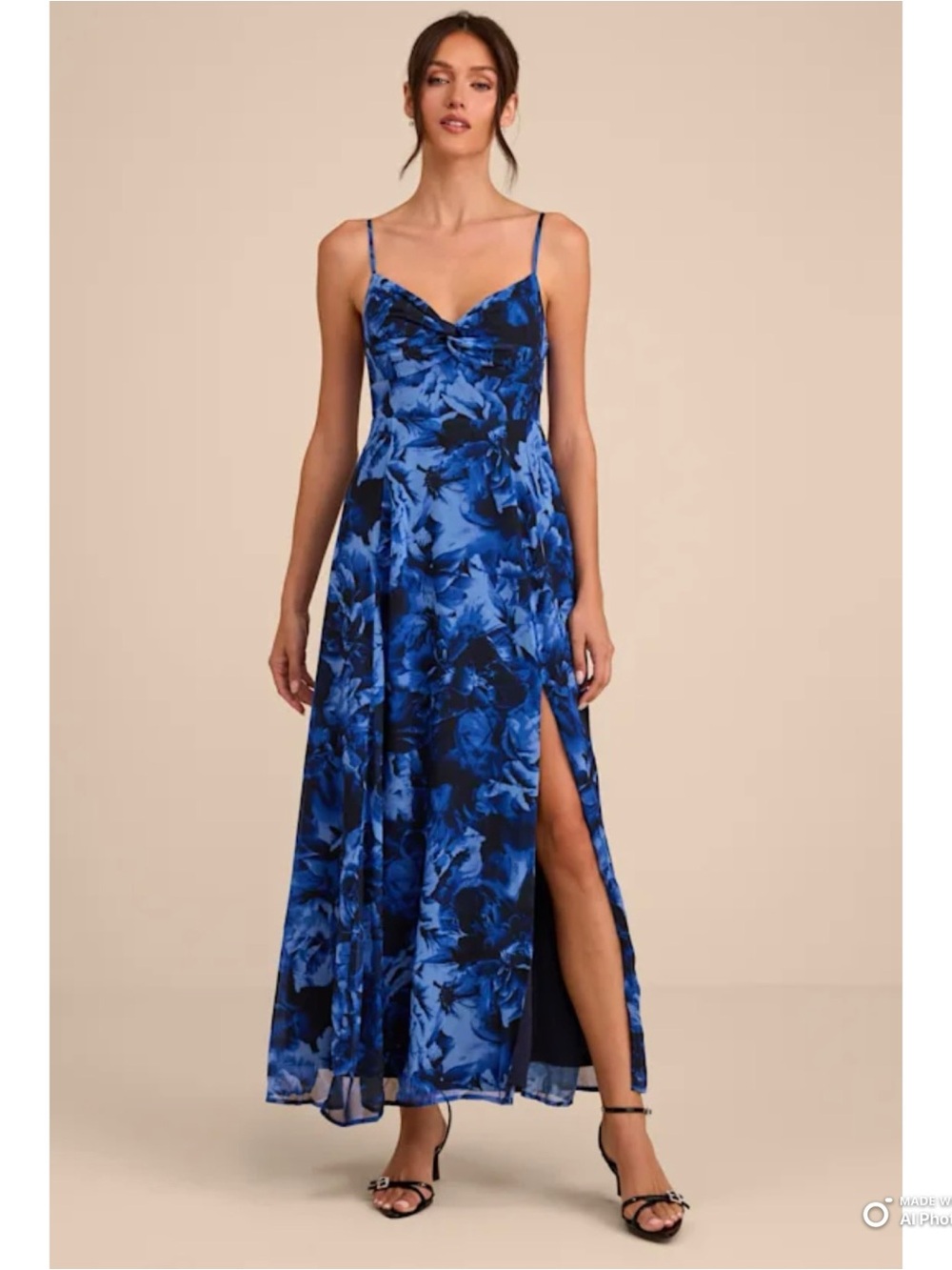 Lulus XXL Beautiful Soul Blue Floral Print Twist Front Maxi Dress NWT
